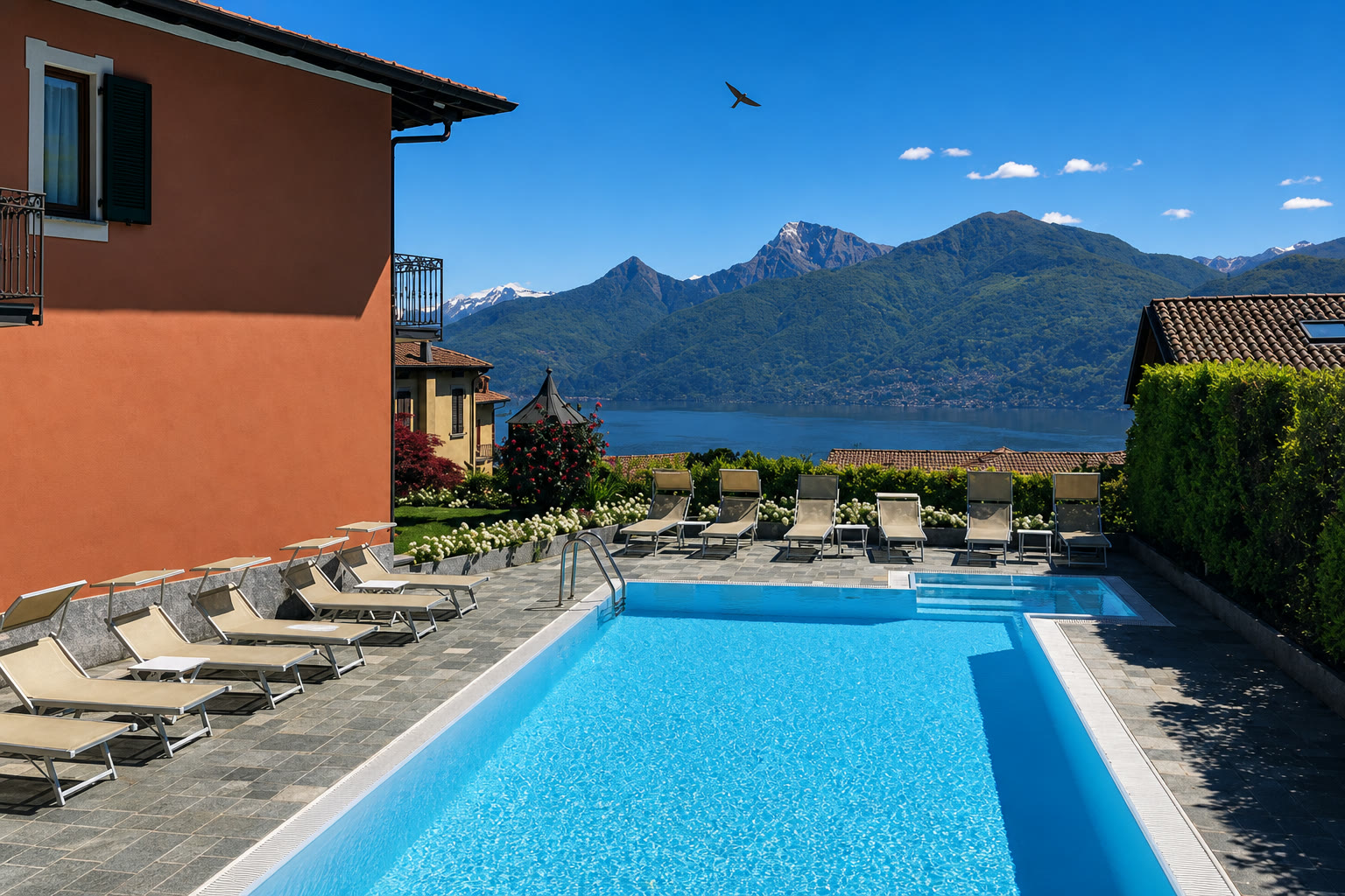 Outdoor pool with lake view